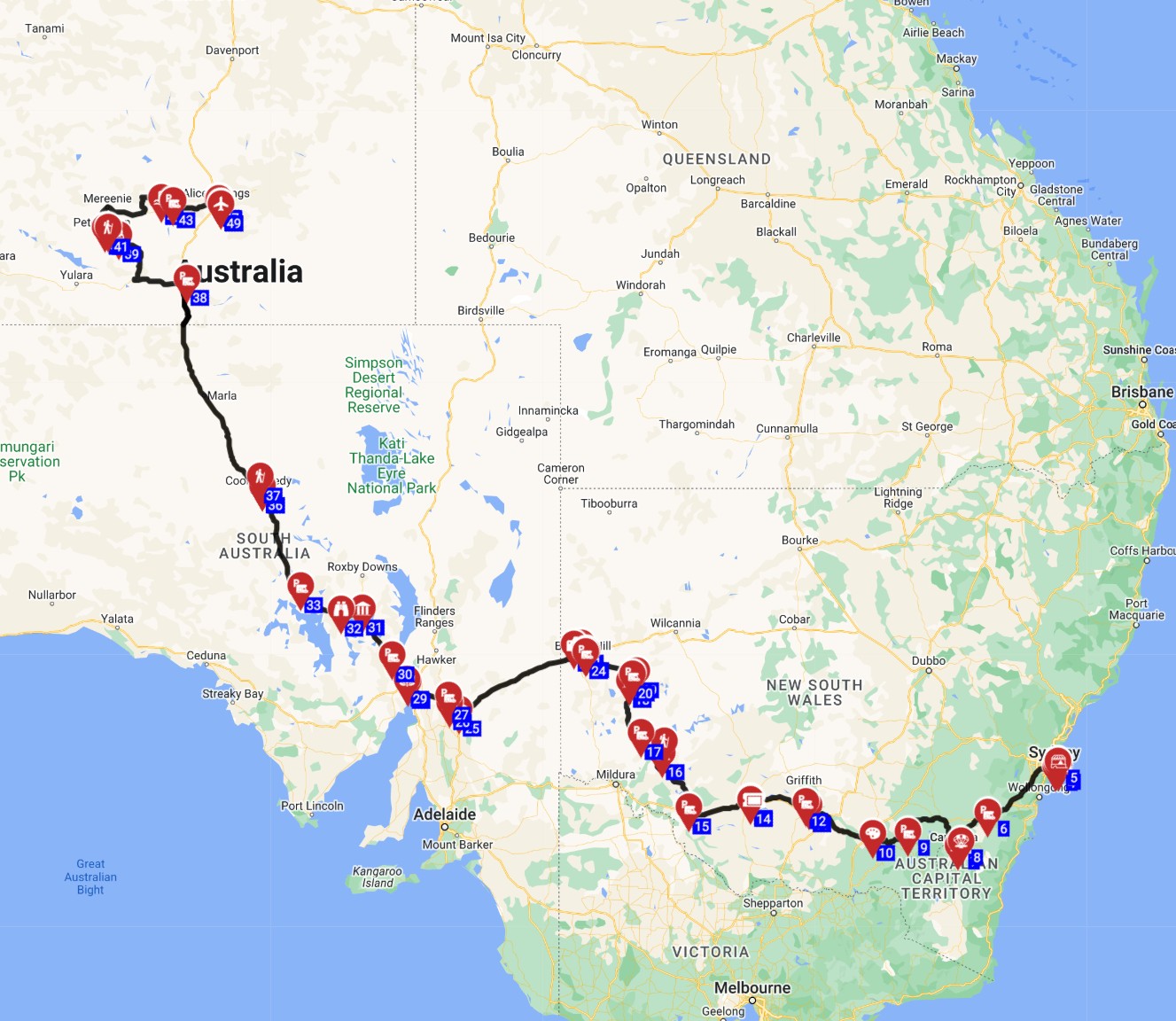 Map for Sydney to Alice Springs - Following Priscilla a Journey Through Glam and Desert